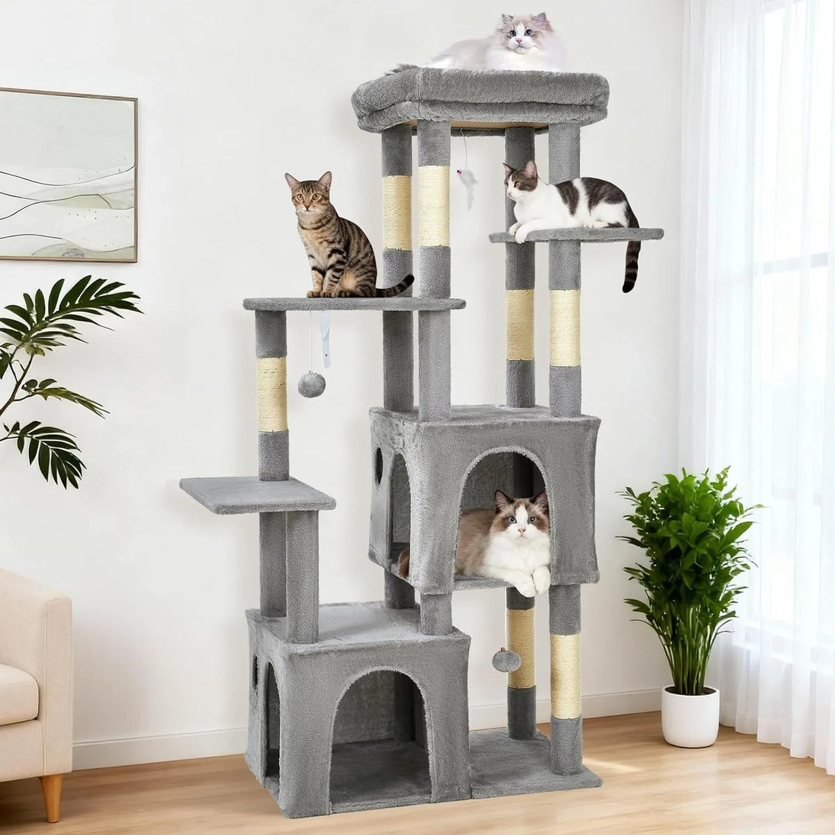 Sturdy 61 Inch Cat Tree With Cozy Condos And Stable Base For Large Cats