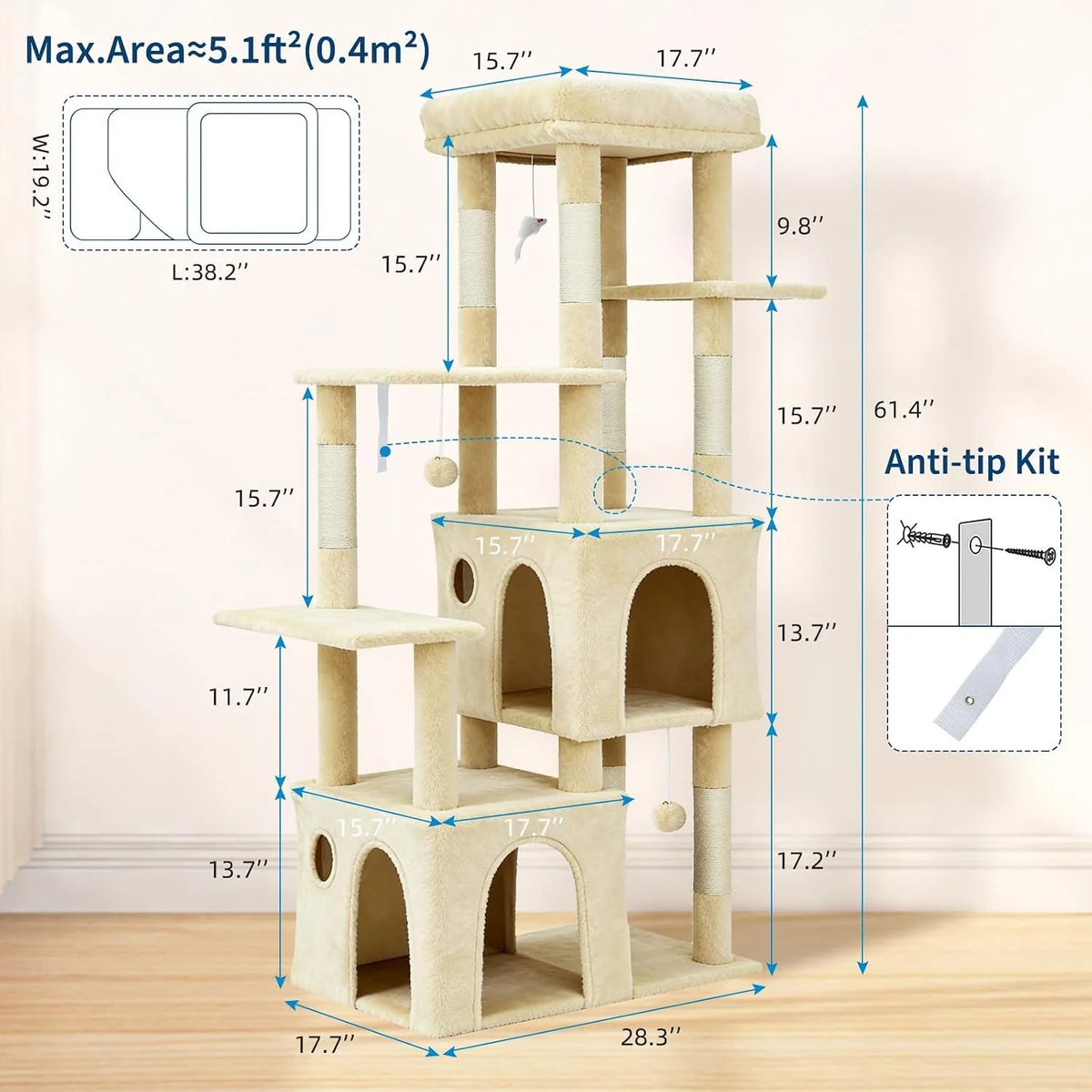 Sturdy 61 Inch Cat Tree With Cozy Condos And Stable Base For Large Cats
