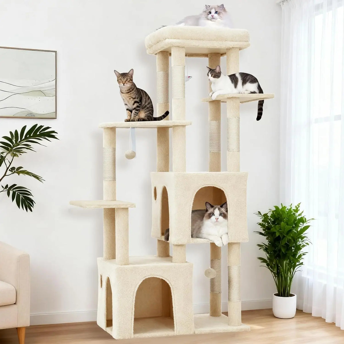 Sturdy 61 Inch Cat Tree With Cozy Condos And Stable Base For Large Cats