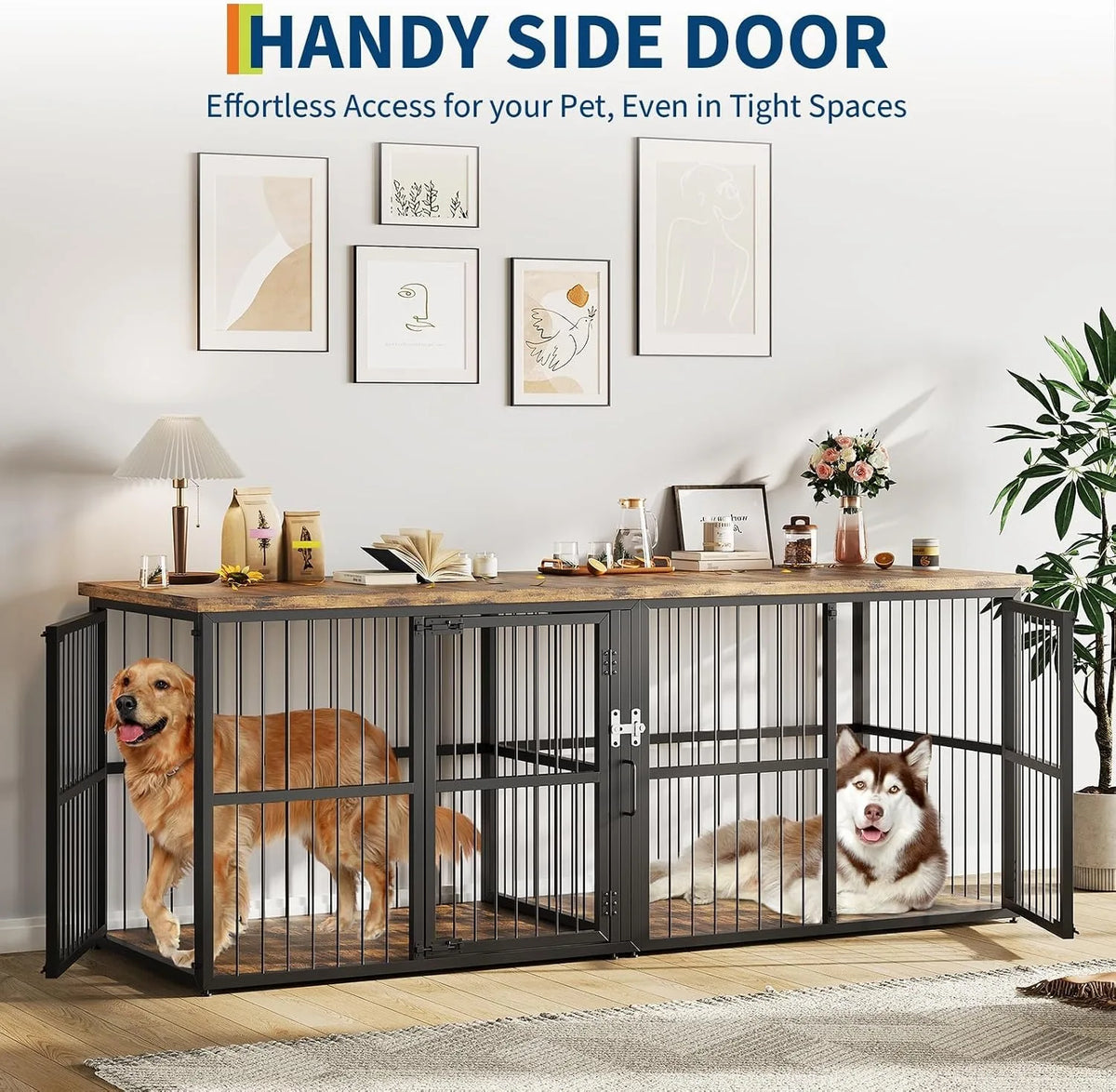 Elegant Dog Crate Furniture With Divider And Storage Top For Two Pets
