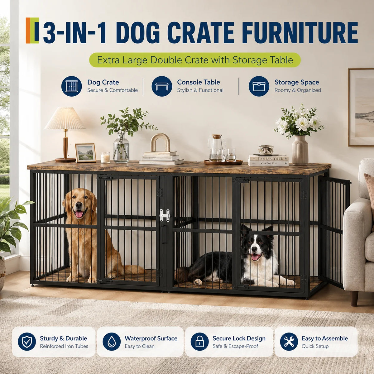 Heavy Duty Double Dog Crate Furniture With Divider For Two Dogs