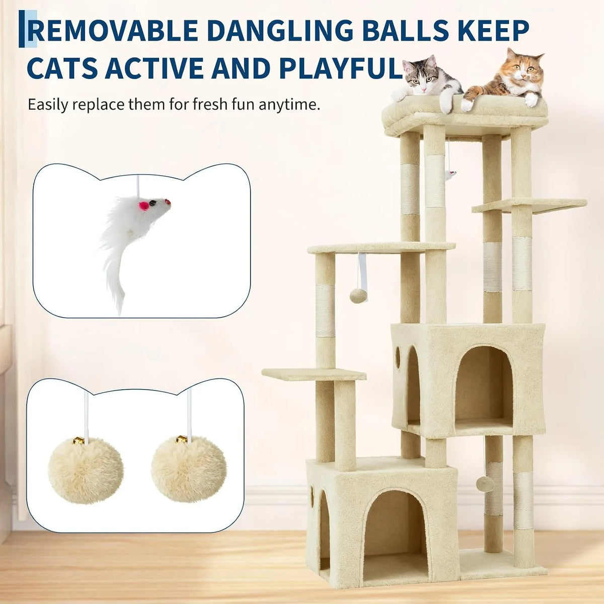 Sturdy 61 Inch Cat Tree With Cozy Condos And Stable Base For Large Cats