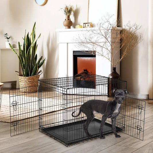 JHK Extra Large Double Door Dog Crate Folding Kennel With Leak Proof Tray For Dogs