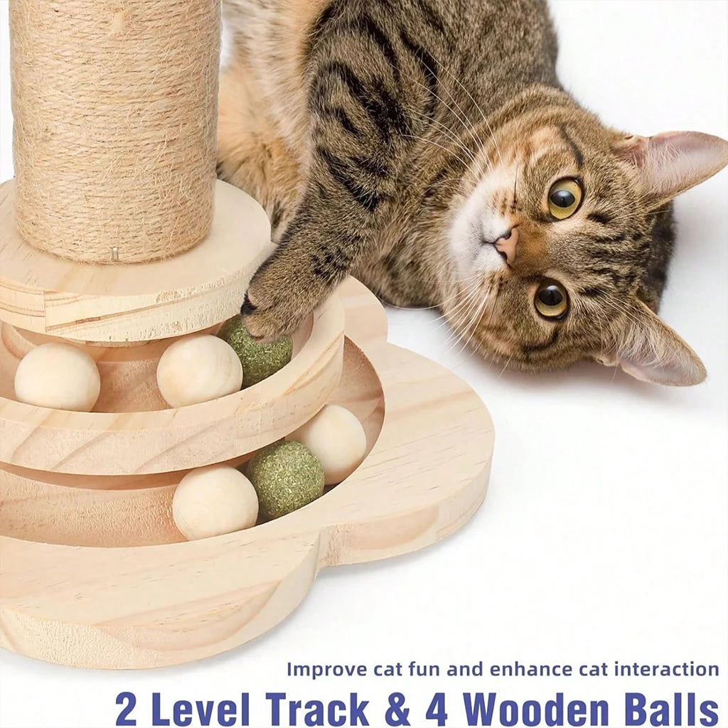 Wooden Cat Scratcher With Ball Track And Feather Toy