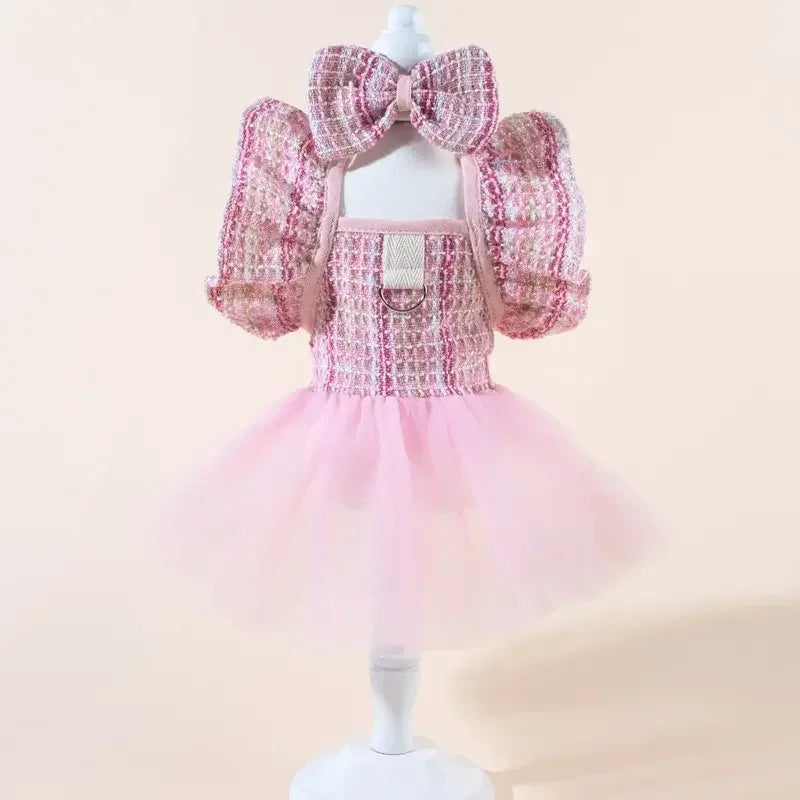 Plaid Pet Dress With Bow And Elastic Mesh Princess Costume