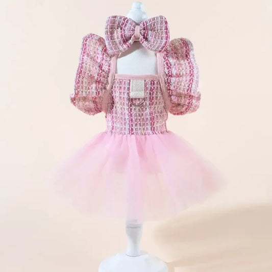 Plaid Pet Dress With Bow And Elastic Mesh Princess Costume