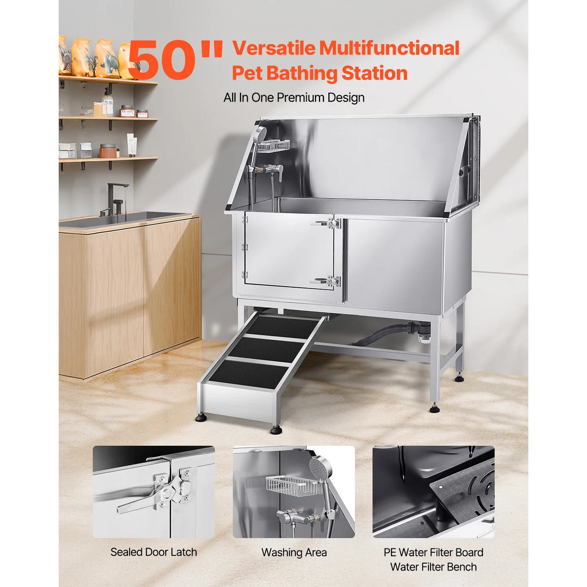 SucceBuy Stainless Steel Station Pet Tub w/ PE Water Faucet & Showerhead & Soap Bathtub to Large & Medium & Small Pets