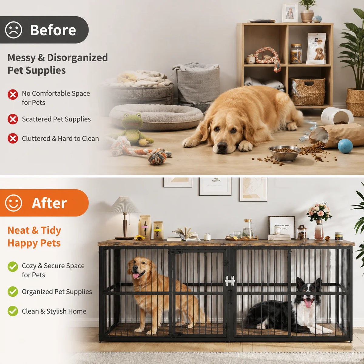 Elegant Dog Crate Furniture With Divider And Storage Top For Two Pets