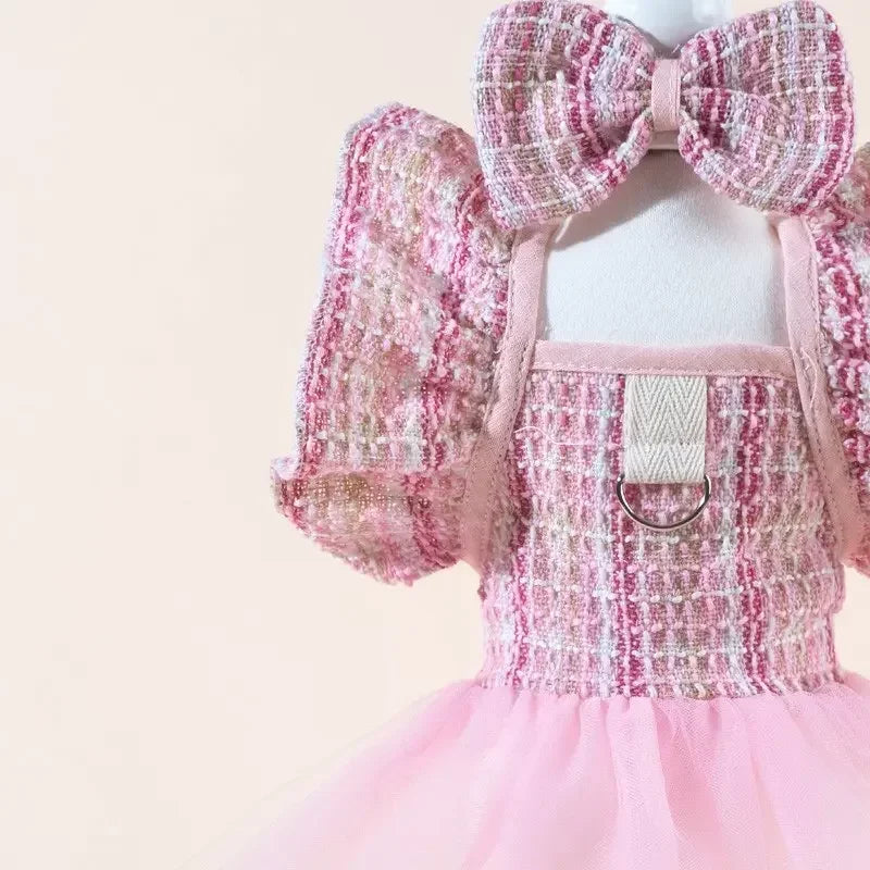 Plaid Pet Dress With Bow And Elastic Mesh Princess Costume