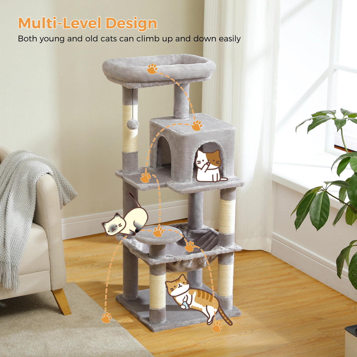 Petepela Sturdy 5 Level Cat Tower For Indoor Cats With Hammock