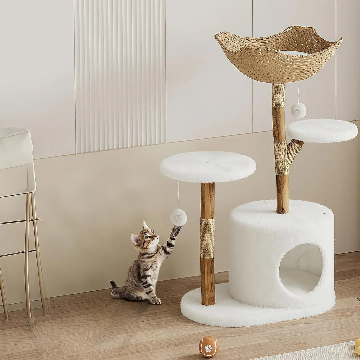 Sturdy 43 Inch Wooden Cat Tree With Rattan Climbing Tower For Large Cats