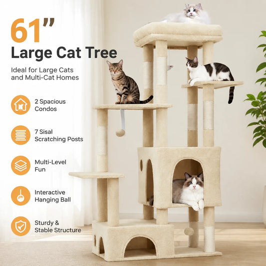 Sturdy 61 Inch Cat Tree With Cozy Condos And Stable Base For Large Cats