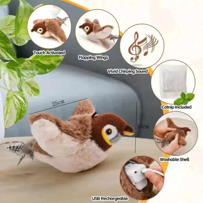 Interactive Chirping Flapping Bird Plush Cat Toy With Touch Activation