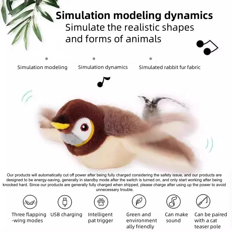 Interactive Chirping Flapping Bird Plush Cat Toy With Touch Activation