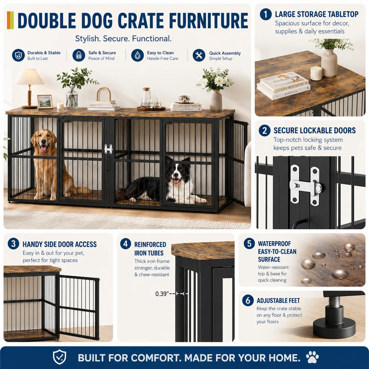 Elegant Dog Crate Furniture With Divider And Storage Top For Two Pets